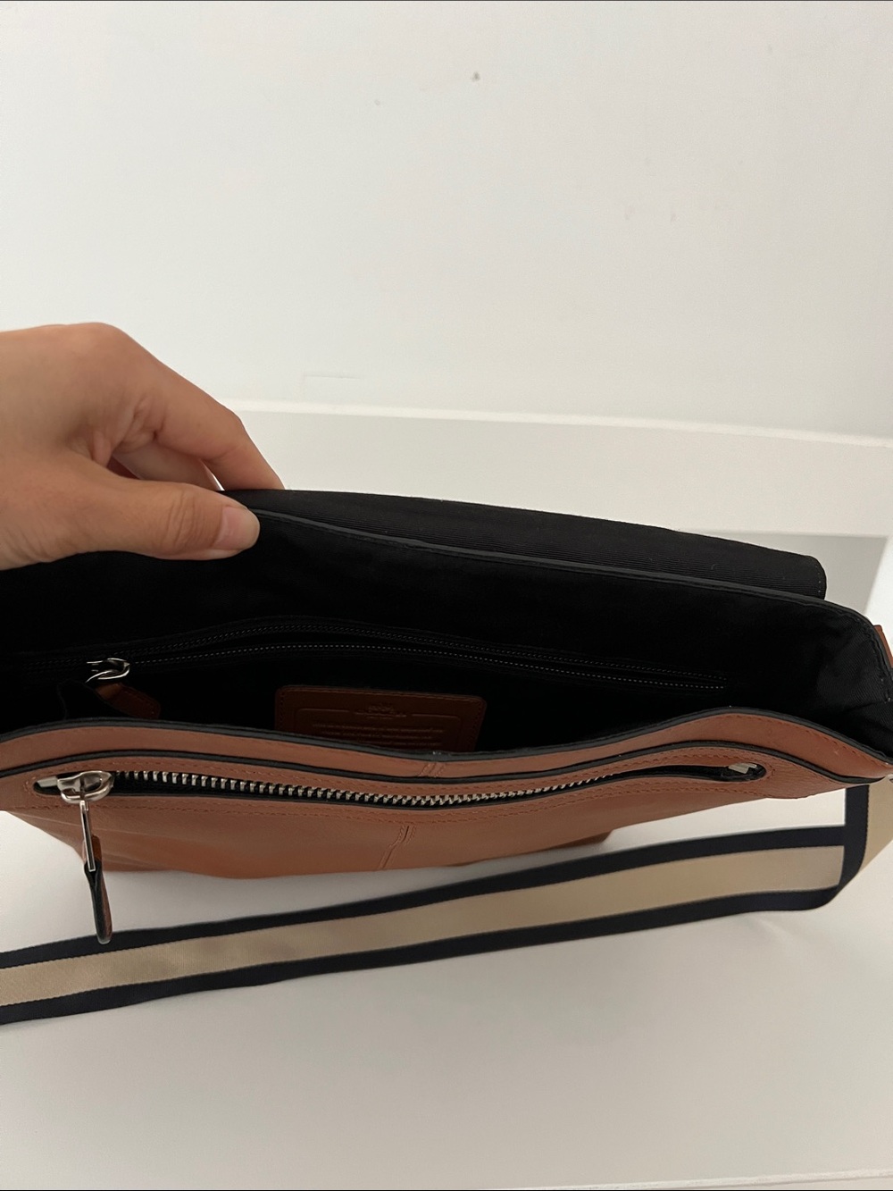 COACH Tan Brown Leather Messenger Bag with Striped Webbing Strap - Picture 9 of 9